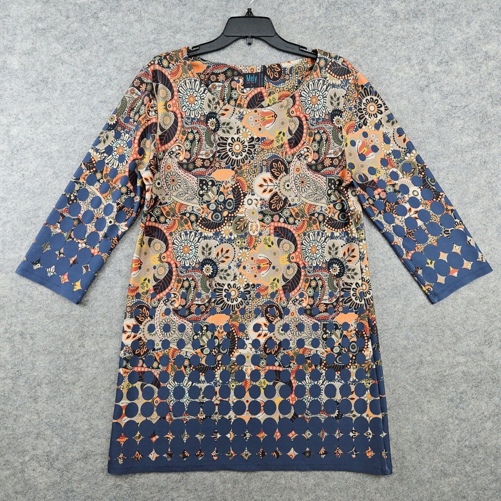 Mely New York Tunic Top Women's Large Multicolor Paisley Polka Dot 3/4 Sleeve
